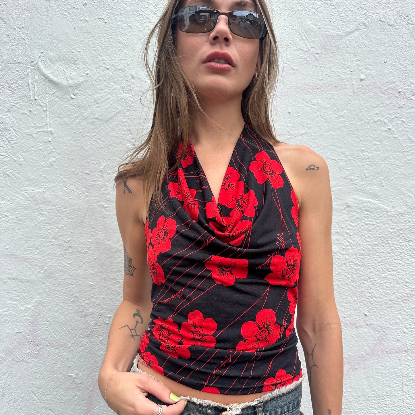 Printed 2000's Cowl Neck Halter Top