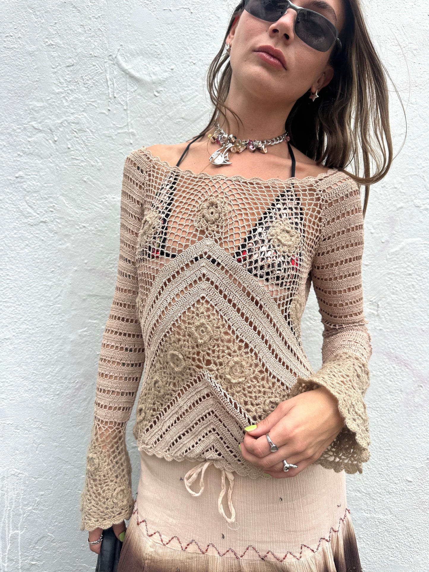 Vintage Beige Mohair Combo Crochet Top