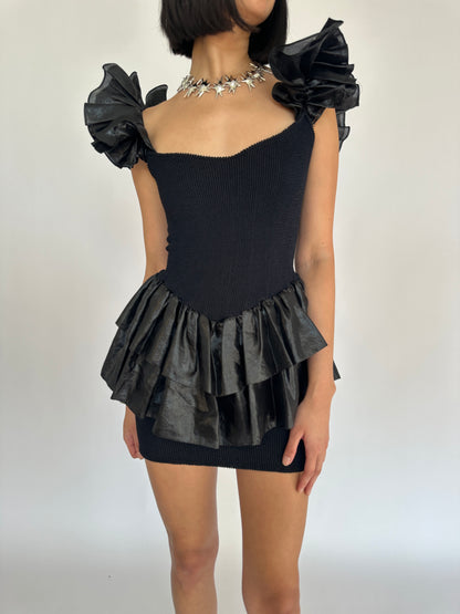 Sexy 80s Black Crinkle Mini Dress