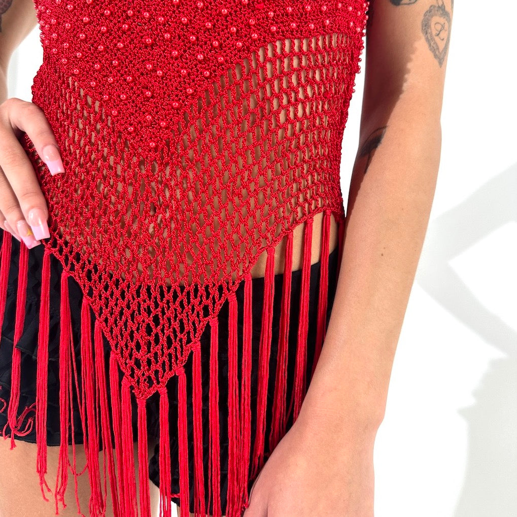 Cherry Beaded & Tassel Crochet Singlet