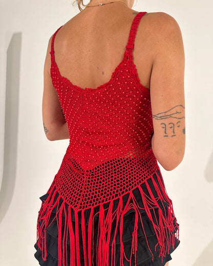 Cherry Beaded & Tassel Crochet Singlet