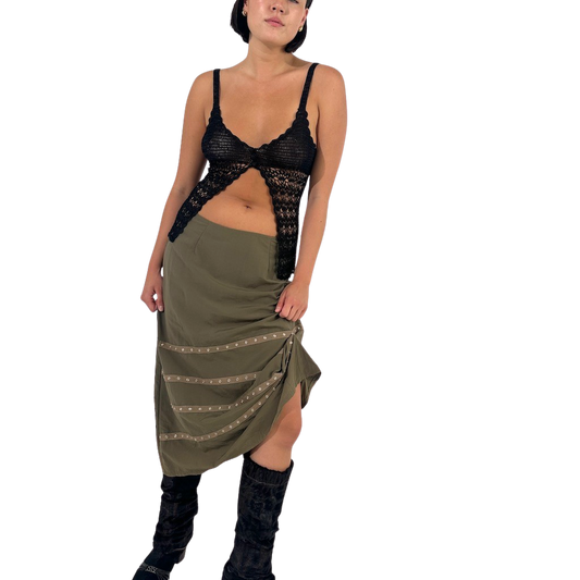 Khaki Grunge Press Studd Maxi Skirt