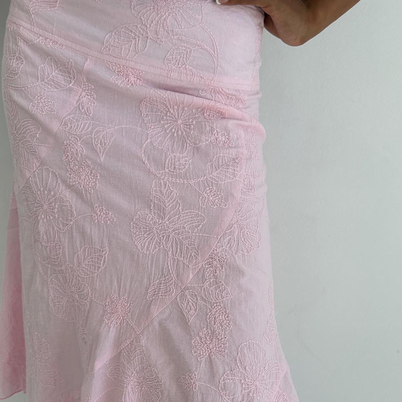 Baby Pink Embroidered Midi Skirt