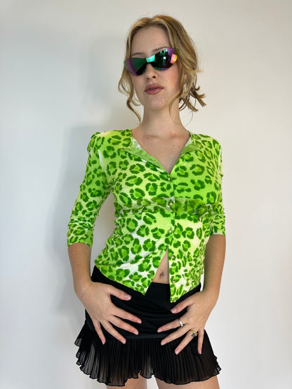 Blumarine Green Leopard Print Cardigan