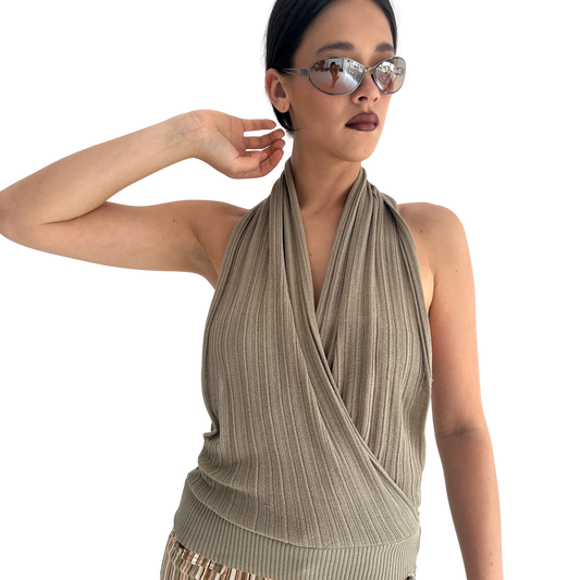 Khaki Knit Halter Top