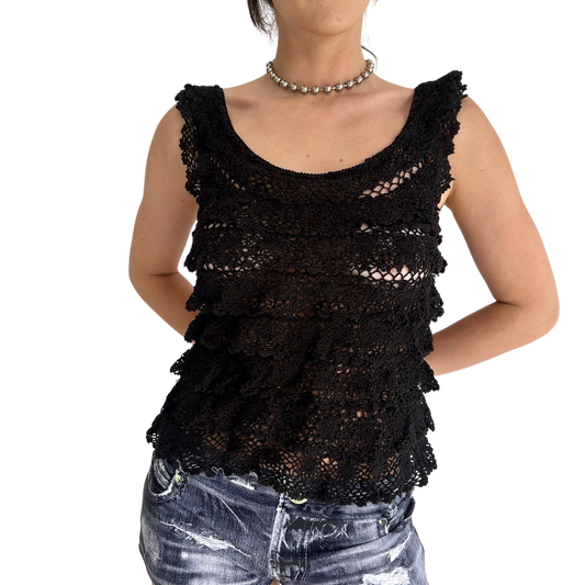 Vintage Black Crochet Layered Top