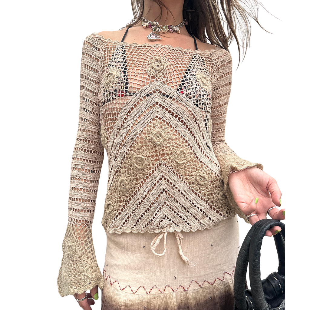 Vintage Beige Mohair Combo Crochet Top