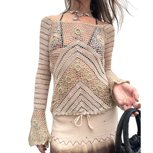 Vintage Beige Mohair Combo Crochet Top