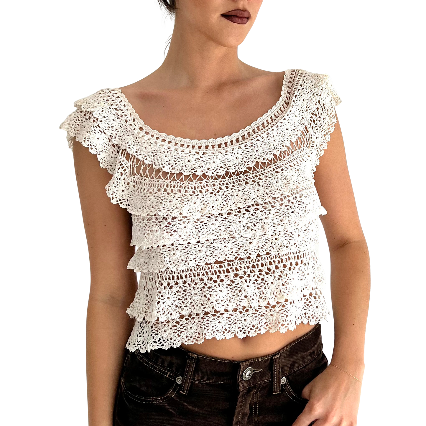 Vintage Cream Crochet Layered Top