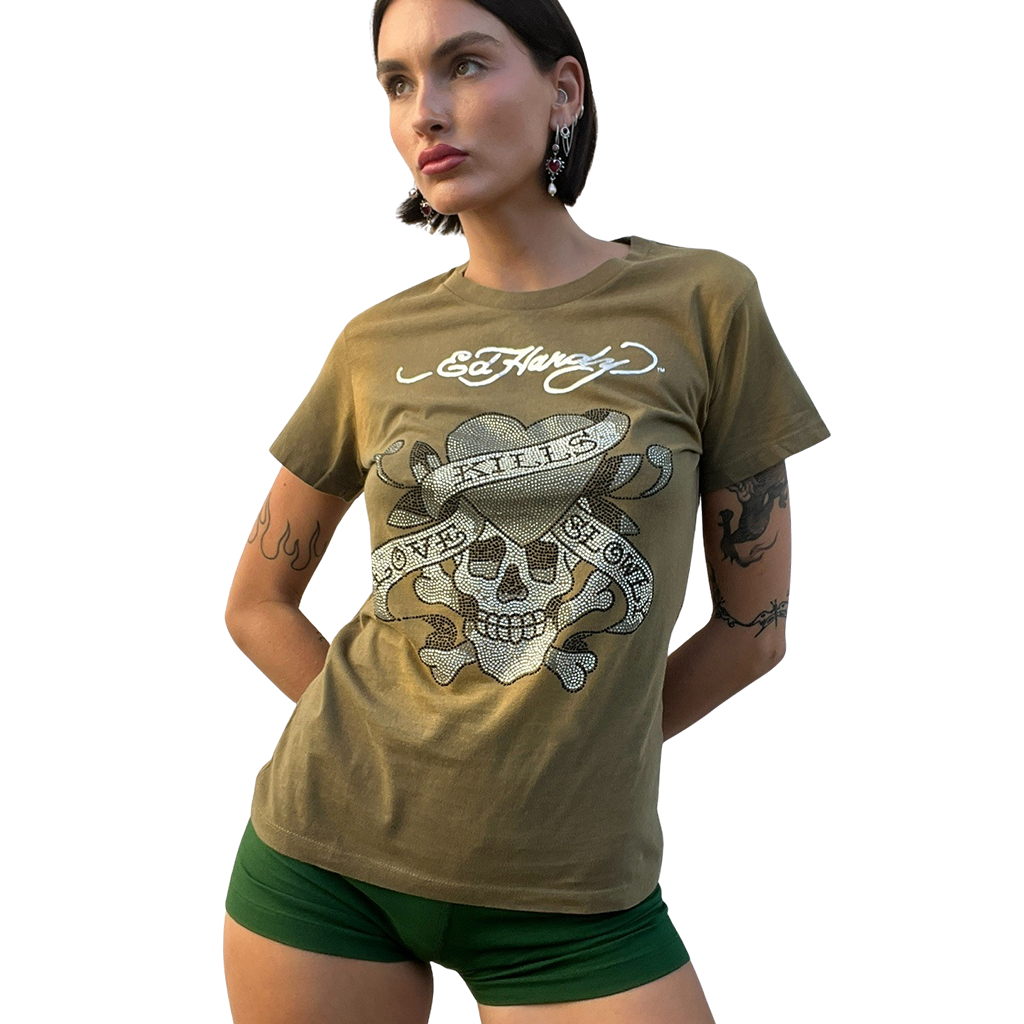 Ed Hardy Khaki Diamonte Tee